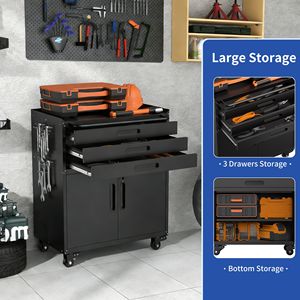 34.3 Inch Heavy Duty <b>Rolling</b> Metal <b>Tool</b> Cabinet with Lockable Doors and 3 Drawers Mobile Workbench Organizer - Product Image 4