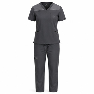 Ensemble de blouses médicales DRAVELLE pour femmes, col en V, manches courtes, uniforme d'hôpital avec poches, pantalon et haut gris foncé - Product Image 1