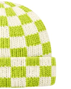 Gorro de Punto Personalizado con Diseño de Tablero de Ajedrez Verde Lima y Blanco, Gorro de Invierno Cálido con Borde, Gorro de Punto Acrílico Suave Unisex - Product Image 2