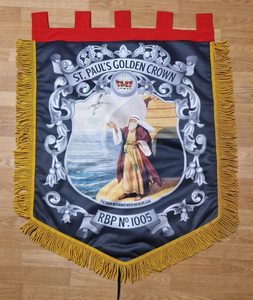 High Quality Custom Printed Religious <b>Banner</b> - St. Paul's Golden Crown Design with Tassels and Hanging Tabs - RBP No. 1005 - Product Image 1