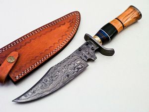 Couteau de chasse Bowie Damas fait main, lame fixe, manche en bois, OEM, marque privée, multifonctionnel, camping, extérieur, cadeau - Product Image 4