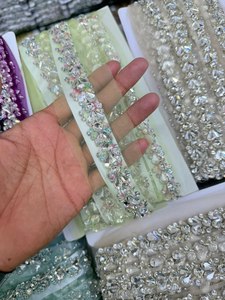 Ribete de encaje de malla con pedrería de cristal brillante de primera calidad para vestidos de novia de alta costura, ropa étnica de lujo, hecho a mano con PU - Product Image 4