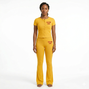 High Quality Women Cotton Short Sleeve Button T shirt And <b>Legging</b> Set High Waist <b>Flare</b> <b>Legging</b> Sets 2 Piece Loungewear Set - Product Image 5