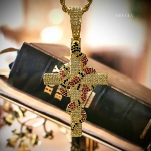 Moissanite Coral Snake <b>Cross</b> Pendant in 925 Sterling Silver - Striking Design Coral Snake Wrapped <b>Cross</b> Pendant - Product Image 4