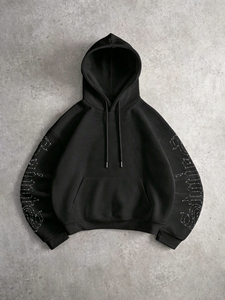 Sudadera con Capucha Oversize Negra de Alta Calidad con Gráfico de Cruz de Diamantes de Imitación, de Algodón Grueso Premium, Estilo Urbano para Hombre - Product Image 1