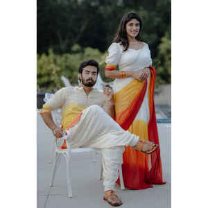 Ropa de fiesta amarilla y roja Saree de impresión digital de lino - Product Image 1