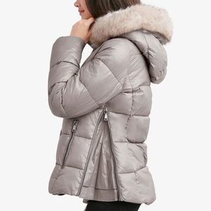Women's Taupe Quilted Puffer Jacket With Fur Trim Hood Full Sleeve Winter Warm <b>Coat</b> <b>Zipper</b> Closure Regular Length - Product Image 4