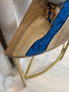 Azure Crescent Epoxy <b>Console</b> <b>Table</b> Handcrafted Walnut Wood Living Room Furniture with <b>Gold</b> Frame Modern Luxury Durable Live Edge - Product Image 5