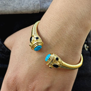 Boho fashion jewelry blue turquoise <b>stone</b> open cuff <b>bracelet</b> with tiny black quartz 18k gold plated designer party wear bangle - Product Image 3