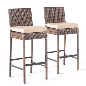 Set of 2 Outdoor Barstools Patio Wicker Chairs with Cushions and Footrests for Porch or Backyard Rooftop Living - Product Image 3