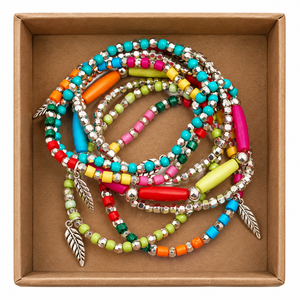 Handmade Colorful Beaded <b>Silver</b> <b>Bracelet</b> Set | Boho <b>Feather</b> Charm Layered Stackable Summer Jewelry Gift for Women - Product Image 5