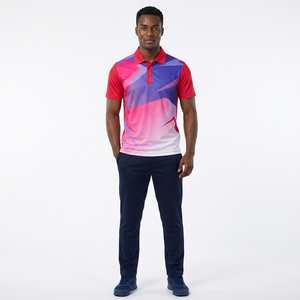 Polo de Manga Corta para Hombre, Estampado Geométrico, Secado Rápido, Estilo Deportivo, Tejido de Poliéster, Diseño Degradado Rojo, Azul y Rosa - Product Image 3