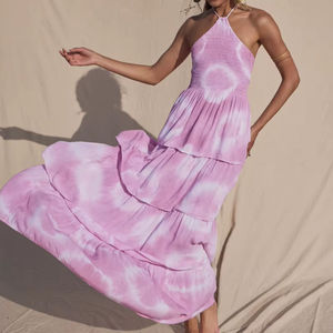 Vestido Maxi Bohemio Rosa Tie Dye sin Mangas con Cuello Halter para Vacaciones - Product Image 1