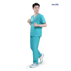 Conjunto de Uniforme Médico para Hombre, Cuello en V, Color Verde Menta, Manga Corta, Pantalones de Algodón y Poliéster, Incluidos - Product Image 1