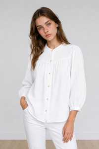Blusa plisada vintage bohemia con cuello mandarín y tirantes finos para mujer |   Camiseta de Manga Corta 100% Algodón Orgánico Ecológico - Product Image 3