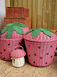 Cesta de almacenamiento con tapa y diseño de fresas rosas, estilo moderno, cesta de almacenamiento para ropa y juguetes. - Product Image 2