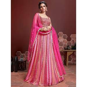 Ropa de boda de seda Chinon Lehenga Choli maravilloso Rosa bordado para novias elegante y elegante - Product Image 4