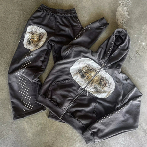 Distressed Custom Printed French Terry Sweatsuit Distressed Sweatpants and Hoodie Sets Vintage Acid Wash Baggy <b>Tracksuit</b> Men - Product Image 1