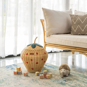 <b>Tall</b> cylindrical rattan <b>side</b> <b>table</b> and storage basket featuring open arched lattice work, a solid wooden removable lid. - Product Image 3