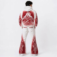 Ensemble de survêtement d'hiver respirant et délavé à imprimé flamme et crâne gothique, avec sweat-shirt à capuche zippé et pantalon de survêtement long, pour homme, style streetwear