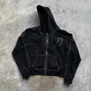 Gothic Men's Black Rhinestone Stud Trimmed Zip Hoodie- Heavyweight Sweatshirt with Cursive Letter Embroidery & Pockets - Product Image 3