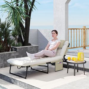 Sdraio Pieghevole Beige per Piscina, 4 Livelli di Reclinazione, Cuscino Posteriore, Tasca Laterale, Poggiatesta per Hotel e Piscine, in Rattan e Ferro - Product Image 2