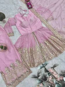 Traje Salwar Kameez de Seda Rosa para Mujer, Bordado con Lentejuelas y Cuentas, Estilo Tradicional Indio y Pakistaní para Bodas - Product Image 5