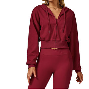 Chaqueta deportiva de mujer con cremallera completa y capucha, logotipo personalizado, sudadera de manga larga para otoño, estilo casual holgado y corto, precio mayorista con personalización. - Product Image 1