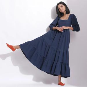 Women <b>Boho</b> Cotton Linen Plain Maxi <b>Dress</b> Square Neck 3/4 Sleeve Loose Fit Casual <b>Summer</b> Long <b>Dress</b> - Product Image 1