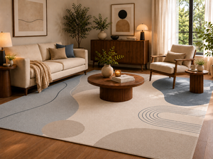 Tapis élégant en laine de Nouvelle-Zélande tufté à la main avec un motif circulaire croisé bleu sarcelle et beige pour salon, chambre et hôtels - Product Image 2