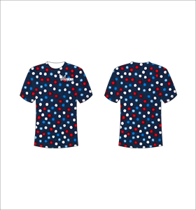 Camiseta Sublimada Personalizada con Estampado Completo, Diseño de Puntos Azul Marino, Rojo y Blanco, Unisex, Cuello Redondo, Transpirable, de Poliéster, Estilo Feroz - Product Image 1