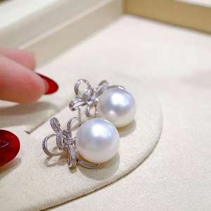 Boucles d'oreilles en argent pur S925 avec perle sans défaut de 8-7 mm, style chinois, feuille de lotus, sertie de diamants, perle naturelle, cadeau - Product Image 3