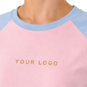 Camiseta Raglán Rosa y Azul Cielo para Mujer, con Logotipo Personalizado, Cuello Redondo, Manga Corta, Poliéster y Algodón, Informal, Verano, OEM, ODM - Product Image 4