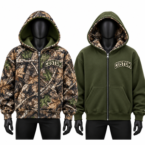 Sudadera con Capucha de Doble Uso con Camuflaje Forestal, Verde Oscuro con Panel en Contraste, Bordado Personalizado en el Pecho, Proveedor Mayorista B2B en EE. UU. - Product Image 1