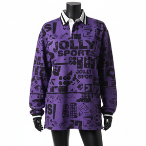 Camiseta de Rugby para Mujer, 220 GSM, Mezcla de Poliéster y Algodón Premium, Color Morado y Negro, Sublimación Gráfica, Logotipo Personalizado - Product Image 1