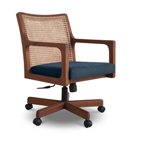 Chaise de bureau pivotante en teck massif de luxe avec dossier en rotin naturel et siège rembourré, mobilier de direction haut de gamme - Product Image 2