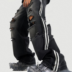 Jean cargo ample vintage délavé pour homme LY Designer, coupe longue, jambe large, multi-poches, effet usé - Product Image 1