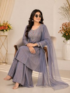 Conjunto de Salwar Kameez Gris Bordado para Mujer con Dupatta, Corte Holgado, Ropa Casual Tradicional India y Pakistaní, Tela de Poliéster - Product Image 2