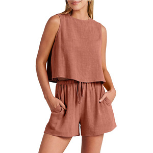 Ensemble Sport Décontracté d'Été 2 Pièces pour Femme : Haut Court Tendance & Short à Cordon, 5 Couleurs Unies, Tailles S-XL, Hauts à Boutons au Dos - Product Image 2