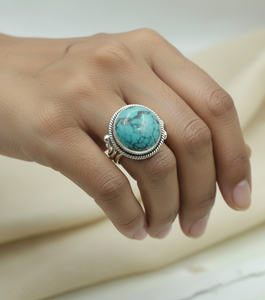 Natural Tibetan Turquoise 925 Sterling Silver <b>Ring</b> Handmade Round Cabochon <b>Statement</b> Vintage Boho Jewelry Gift for Women Unisex - Product Image 3
