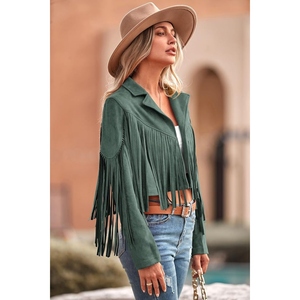 Chaqueta de cuero genuino de cabra con flecos estilo bohemio para mujer, abrigo retro vaquero de moda. - Product Image 2