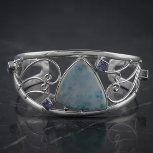 Bracelet manchette en argent sterling 925 avec larimar bleu naturel, fait main, jonc ouvert, bijou quotidien pour femme, cadeau - Product Image 3