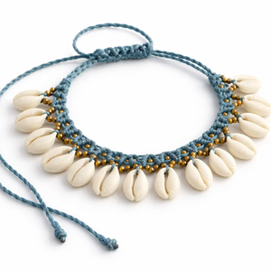 Collier artisanal vintage en coquillages cauris, cordon en coton macramé, perles en laiton, chaîne de pull réglable, bijoux bohèmes tribaux pour fête - Product Image 1