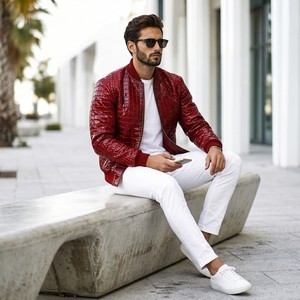 Blouson Bomber Homme en Cuir Véritable Personnalisé LEATHER SPOT 100% Authentique avec Motif à Carreaux et Fermeture Éclair – Idéal pour l'Été Décontracté - Product Image 4