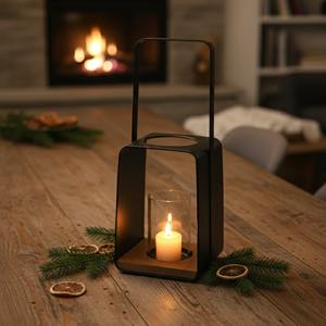 Portavelas de Metal Negro Mate Moderno con Cristal Transparente y Base de Madera, Farol Decorativo Minimalista para Jardín Exterior - Product Image 2