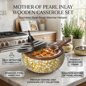 Mother of Pearl Inlay Wooden Casserole Set | Stainless Steel Food Warmer Hotpot | Premium Serving Dish Cookware <b>Gift</b> Collection - Product Image 6