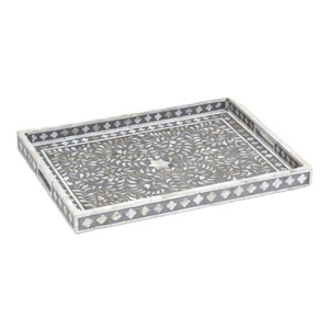 Handcrafted Mother Of Pearl Inlay Serving Tray <b>Grey</b> Floral Design Wooden Decorative Food Platter For Home <b>Dining</b> Ottoman Decor - Product Image 1