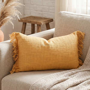 Mustard Decorative Cotton Long Lumbar Pillow Cover Braided Fringe Accent <b>Bench</b> Pillow Modern Decor - Product Image 1