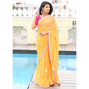 ผ้าส่าหรีสีเหลืองสวยงาม งานแฮนด์เมด ไซส์ XS ทรงตรง เอวธรรมชาติ ทำจากผ้าออร์แกนซ่า - Product Image 5