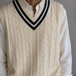 Gilet sans manches en tricot torsadé crème pour homme, col en V, couleur unie, tricoté, pour l'automne - Product Image 5